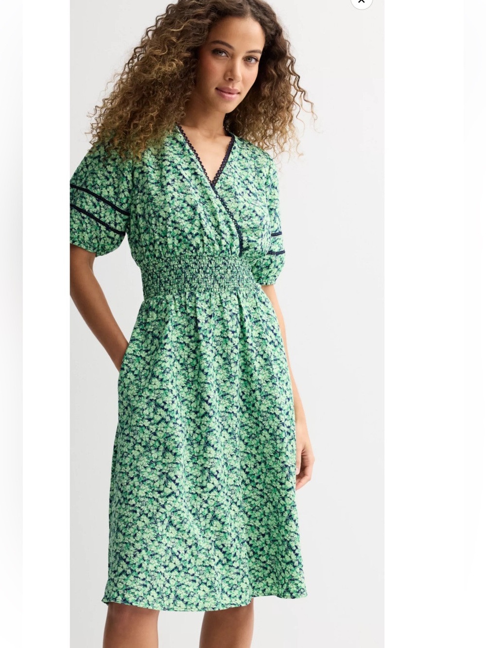 Draper James Green Floral Smocked Midi Dress with V-Neck